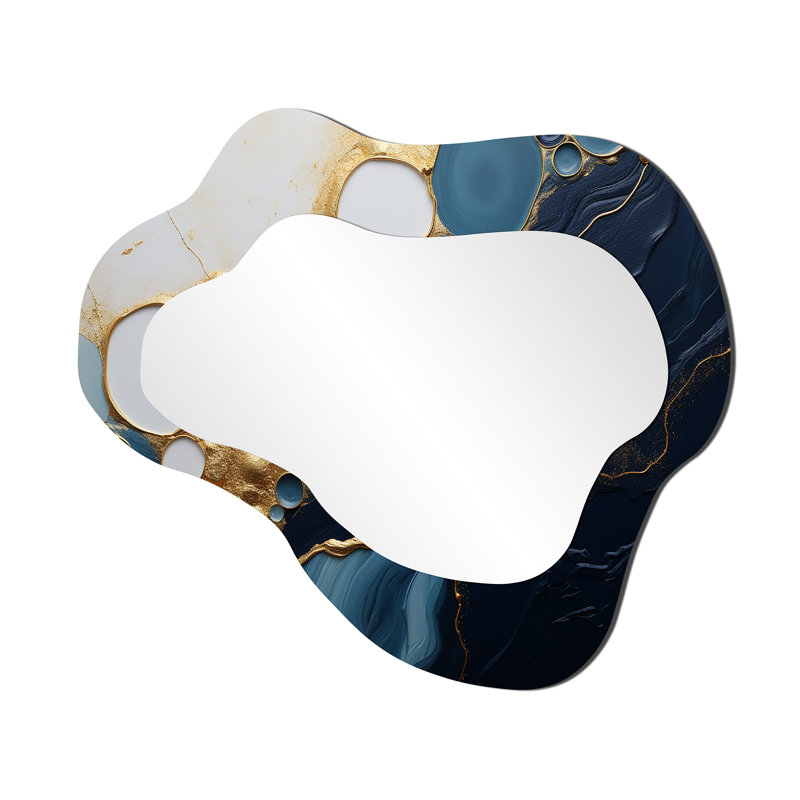Gold And Blue Marble Essence Magic I - Abstract Marble Asymmetrical Modern Large Wall Mirror, 25" x 28"