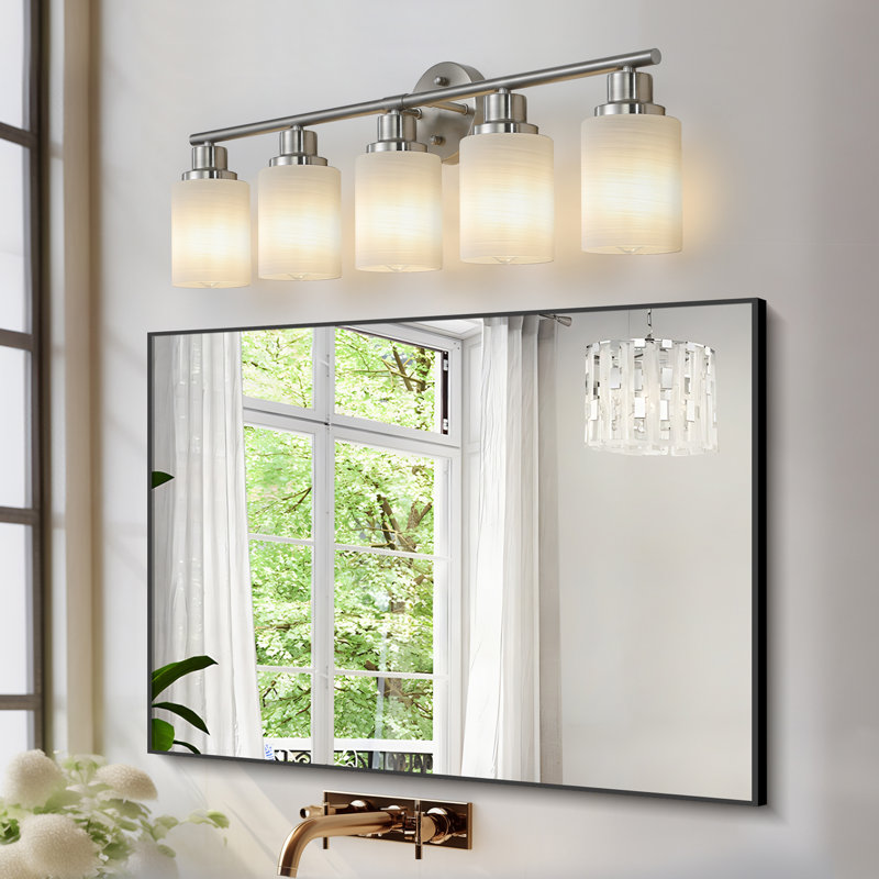 Modern Vanity Fixture With Frosted Glass, Dimmable Bathroom Wall Sconce, 5 Lights, Chrome