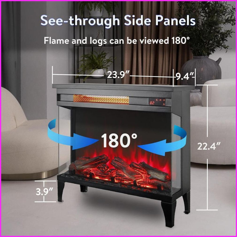 24 Inch Modern Electric Fireplace with Three-Sided Glass, Freestanding | Tempered Glass+Sheet Metal | Vent Free, Black