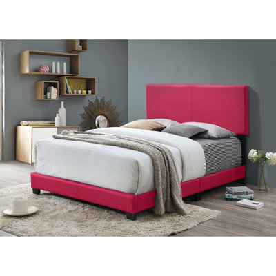 Lit de chambre moderne rose avec cadre en bois massif et tête de lit très confortable, belle base stable en tissu - revêtement en polyuréthane