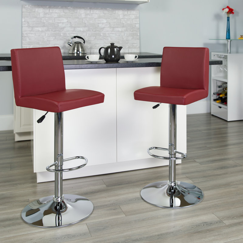 Contemporary Vinyl Adjustable Height Barstool with Panel Back and Chrome Base, Burgundy