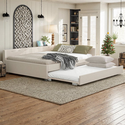 UnaAlano Queen Upholstered Platform Bed Frame With Twin Trundle & USB Charging Ports Storage Bed