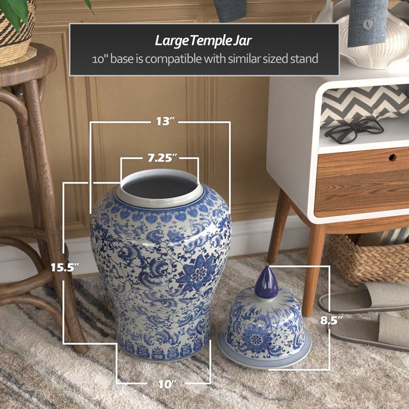 Timeless Chinese Temple Jar, Blue Floral, 24"