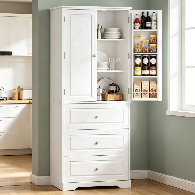 White Freestanding Tall Kitchen Cabinet 150cm, Pantry Sideboard Storage Unit with 2 Magnetic Doors, 3 Drawers and Adjustable Shelves for Home Storage