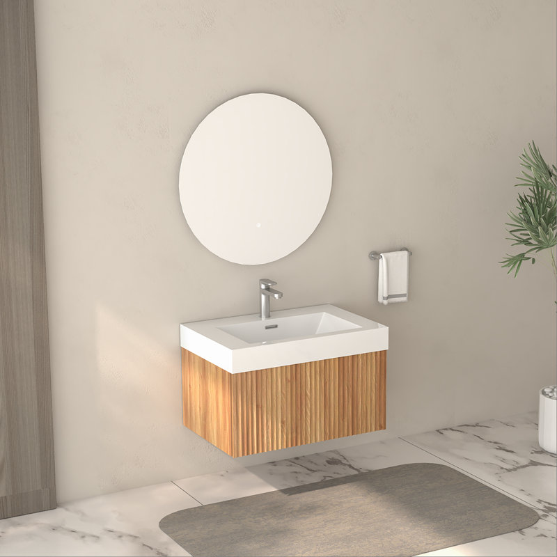 Meuble-lavabo mural de 30 po avec lavabo, armoire de salle de bain flottante murale avec finition en contreplaqué intégré de conception minimaliste moderne pour salle de bain compacte couleur acacia