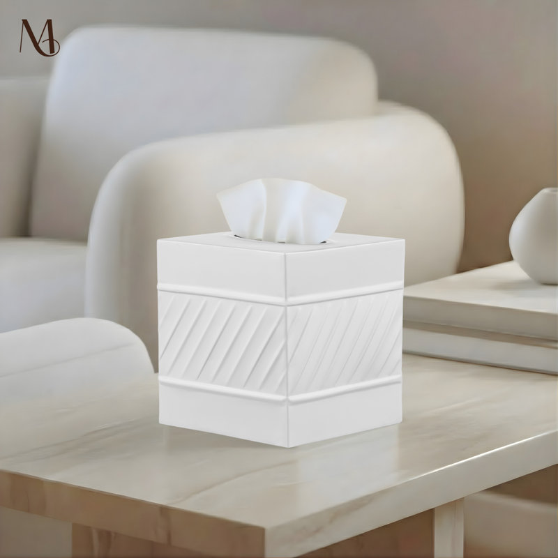 Wave Embossed Metal Tissue Box Cover, White