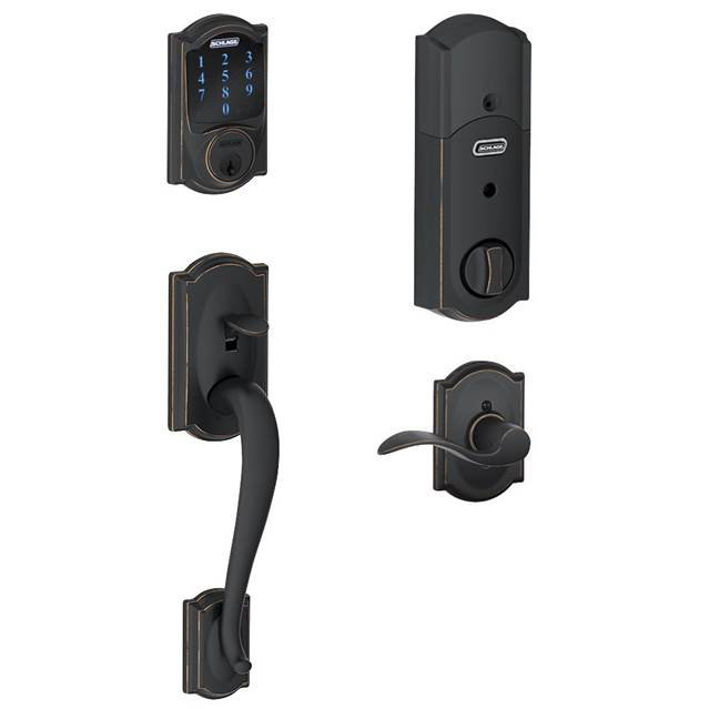 Camelot Handleset with Smart Deadbolt and Accent Door Lever and Rosette, Aged Bronze, Right Hand, Yes