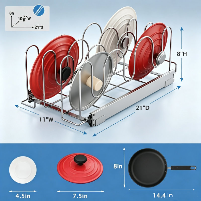 Organisateur de couvercles coulissants pour placard, support de couvercles en acier robuste avec glissières à billes fluides, tablette de rangement réglable pour couvercles