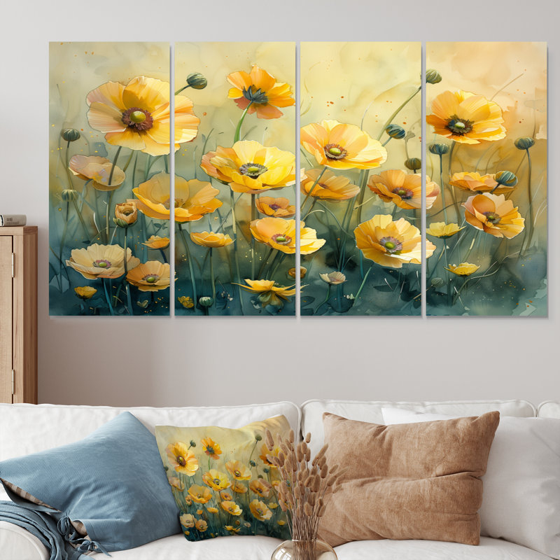 Jaune jaune noir Buttercup Flower Breeze III - Buttercups, ensemble de reproductions d'art mural, H 32 po x l 64 po