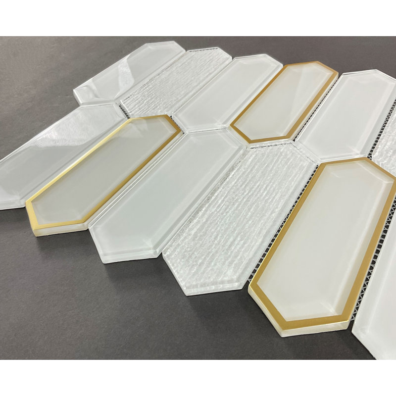 Glass Mosaic Wall Tile, White & Gold Glazed
