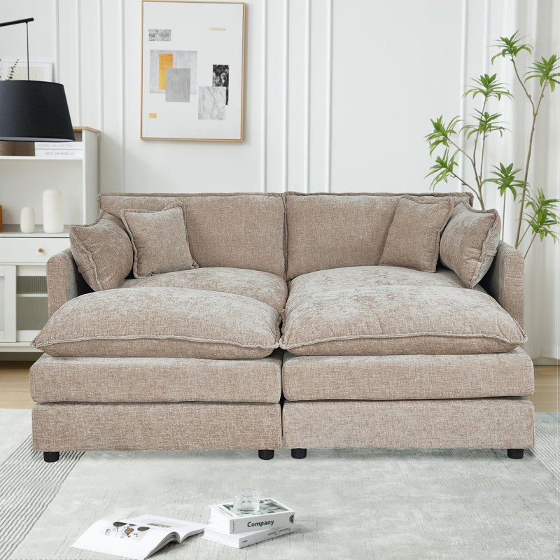 Modern Chenille Loveseat Sofa Couch With Ottoman, 33.85" H x 77.16" W x 35.82" D, Coffee Chenille
