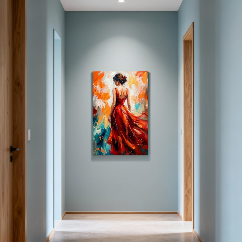 Femme abstraite en robe rouge abstrait, H 30 po x l 20 po
