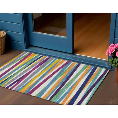 Tapis intérieur lavable rayé bleu 3 pi x 5 pi HomeRoots
