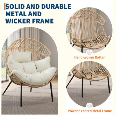 Fauteuil surdimensionné en osier avec coussin épais et coussin de soutien, siège de patio intérieur / extérieur