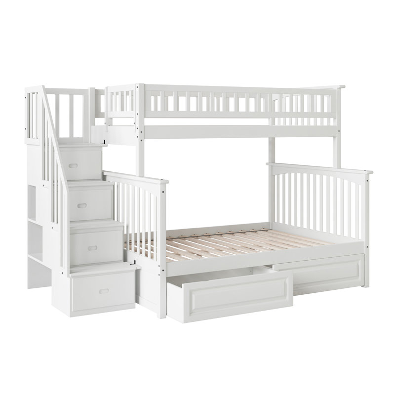 Lit superposé avec escalier de rangement Flinn, Simple sur double, Blanc