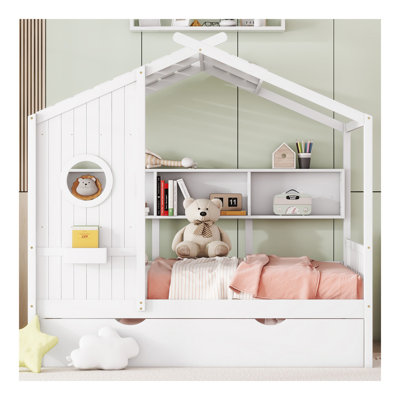 Lit double en bois avec lit gigogne en bois, conception moderne pour enfants avec tablette de rangement, blanc