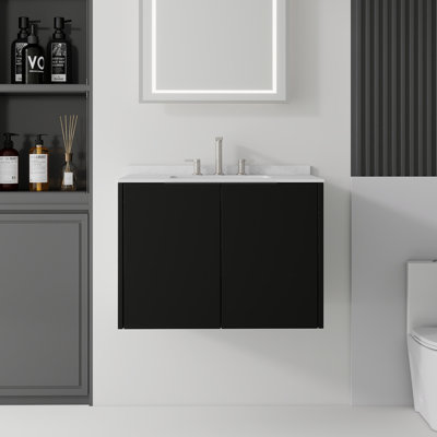 Meuble-lavabo suspendu de 76 cm avec lavabo intégré, portes à fermeture amortie, lavabo en céramique, comptoir et dosseret en marbre reconstitué, armoire en contreplaqué, noir