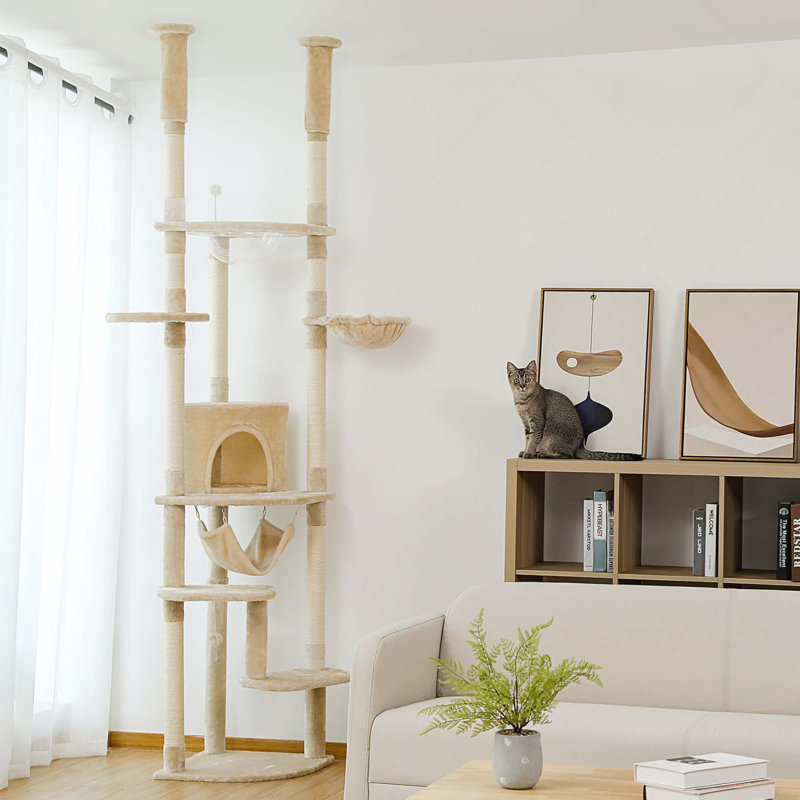Height Adjustable Floor To Ceiling Cat Tree Cat Tower With Scratching Posts, Cozy Condo, Perches & Hammoc, Beige
