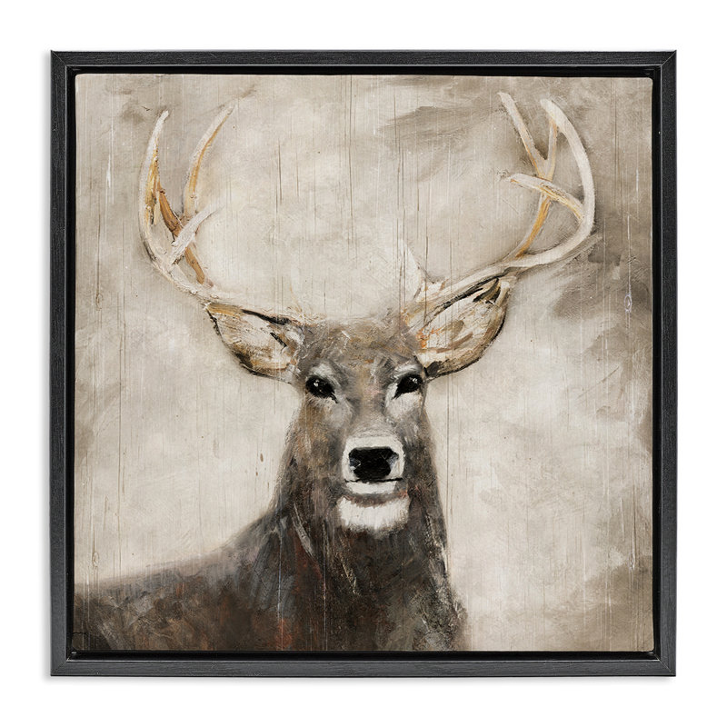 Cerf dans un cadre flottant neutre, design par Sally Swatland, Cadre flottant noir de jais, H 18 po x l 18 po