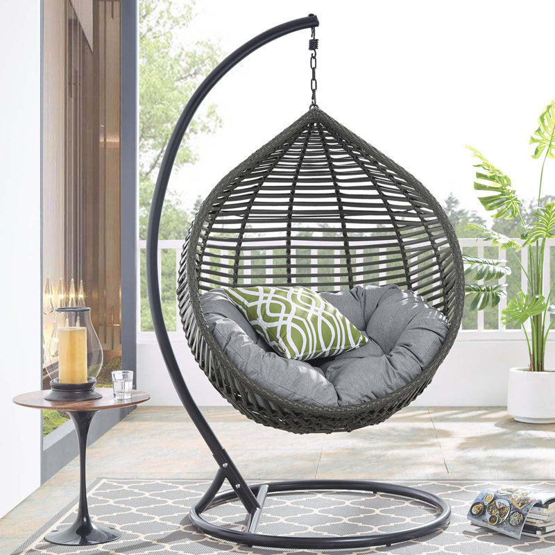 Gray Wicker Teardrop Hanging Chair with Cushions