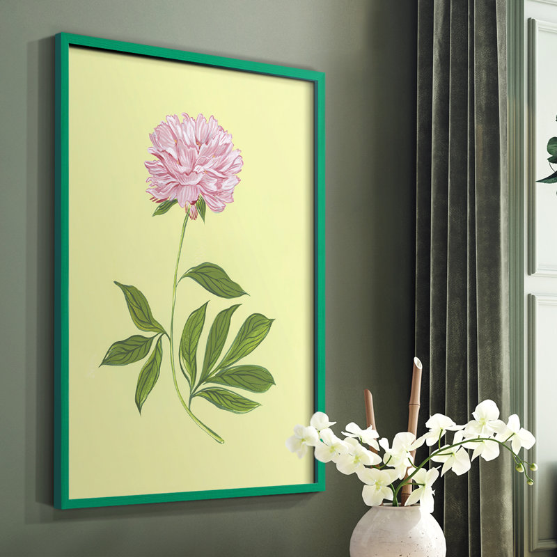 Pivoines en jaune I, reproduction encadrée - bois massif, Cadre simple vert, H 10 po x l 8 po