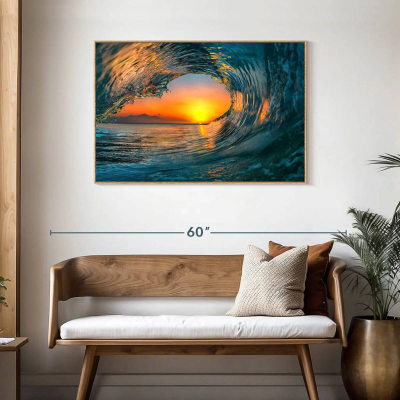 Ocean Wave Curl, Cadre flottant en bois naturel, 40 po x 27 po