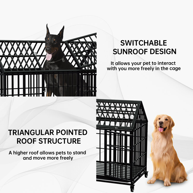 54/48 Inch Heavy Duty Dog Crate Large Dog Cage Strong Metal Dog Kennels And Crates For Large Dogs Top Open With Wheels 2 Removable Trays