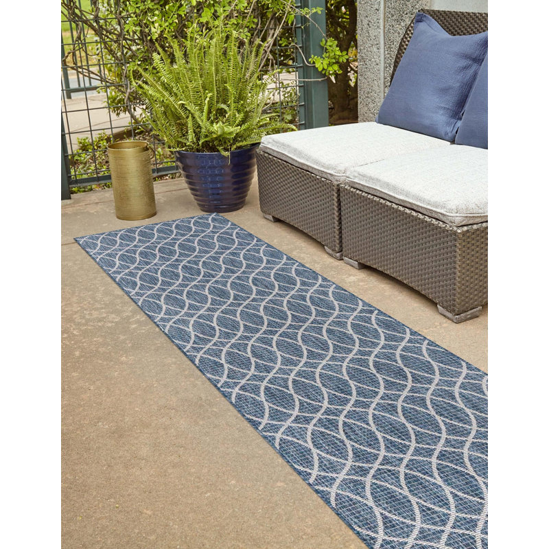 Blue Gitter Indoor/Outdoor Trellis Rug, Runner 2'11" x 10'