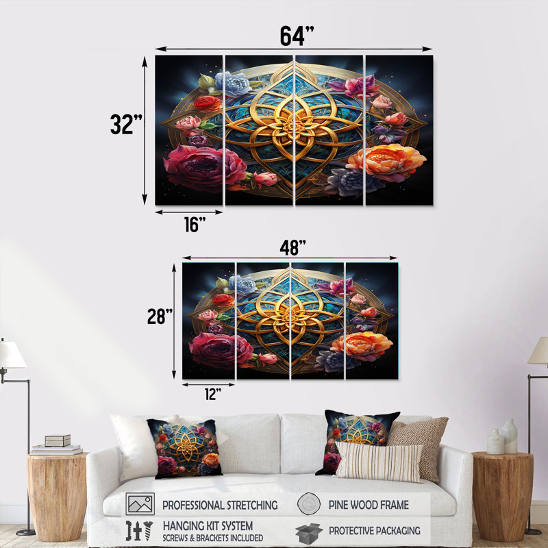 Roses et fleurs de lotus mandala doré - art mural botanique 4 pièces, H 32 po x l 64 po