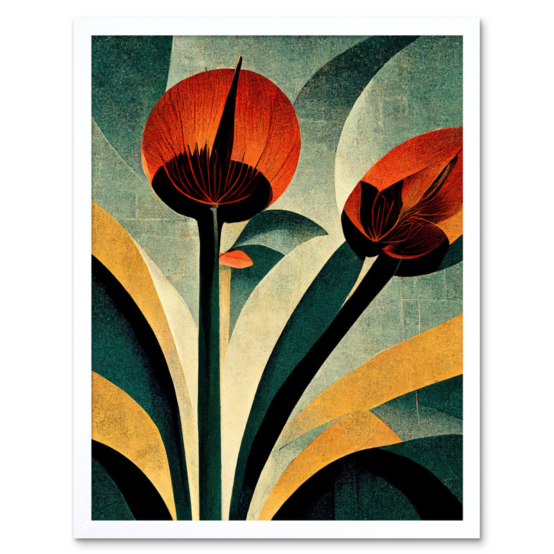 Single Art Deco Flower Artwork - Print, 43cm H x 33cm W, White Framed Paper