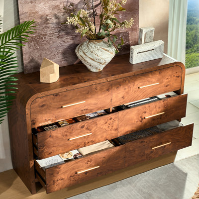 6-Drawer Dresser In Oak With Rounded Corners - 60 Inch TV Stand, 1.18In Engineered Wood, 100LB Capacity