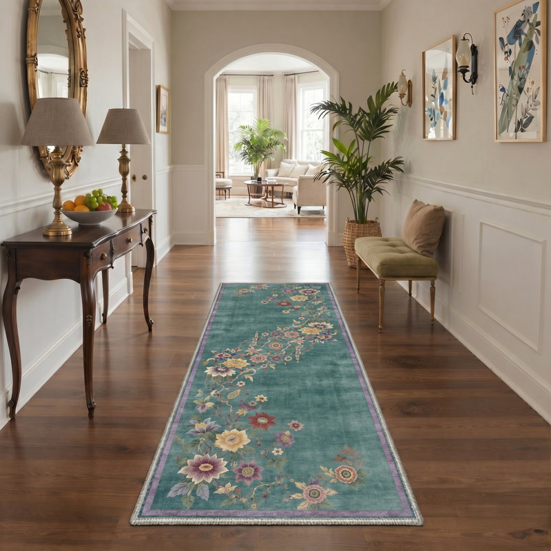 Tapis d'intérieur vert lavable à la machine Valencia avec envers antidérapant, Runner 2' x 6'