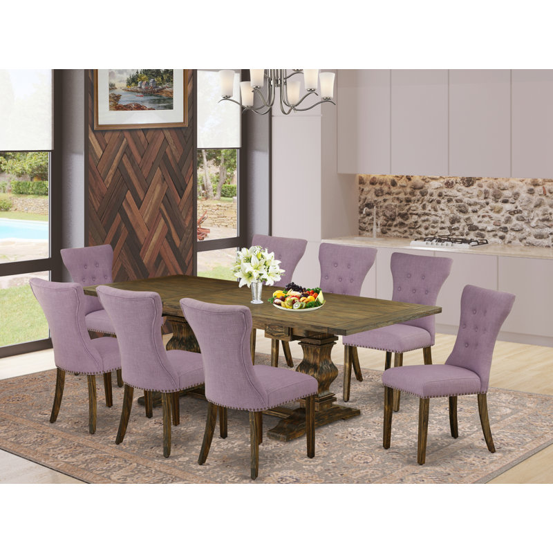 L'ensemble de salle à manger 9 pièces comprend une table de salle à manger rectangulaire avec rallonge amovible et 8 chaises rembourrées en lin Dahlia, patiné Jacobean