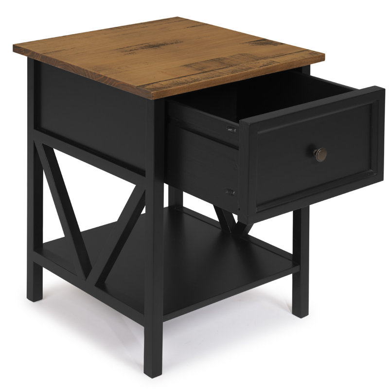 Solid Wood End Table with Storage, Rustic Oak, Black