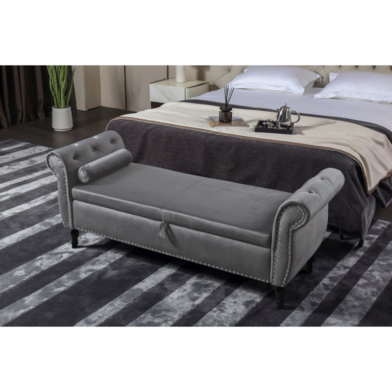 Aijia 63" Velvet Multifunctional Storage Rectangular Sofa Stool Buttons Tufted Nailhead Trimmed Solid Wood Legs With 1 Pillow,Grey