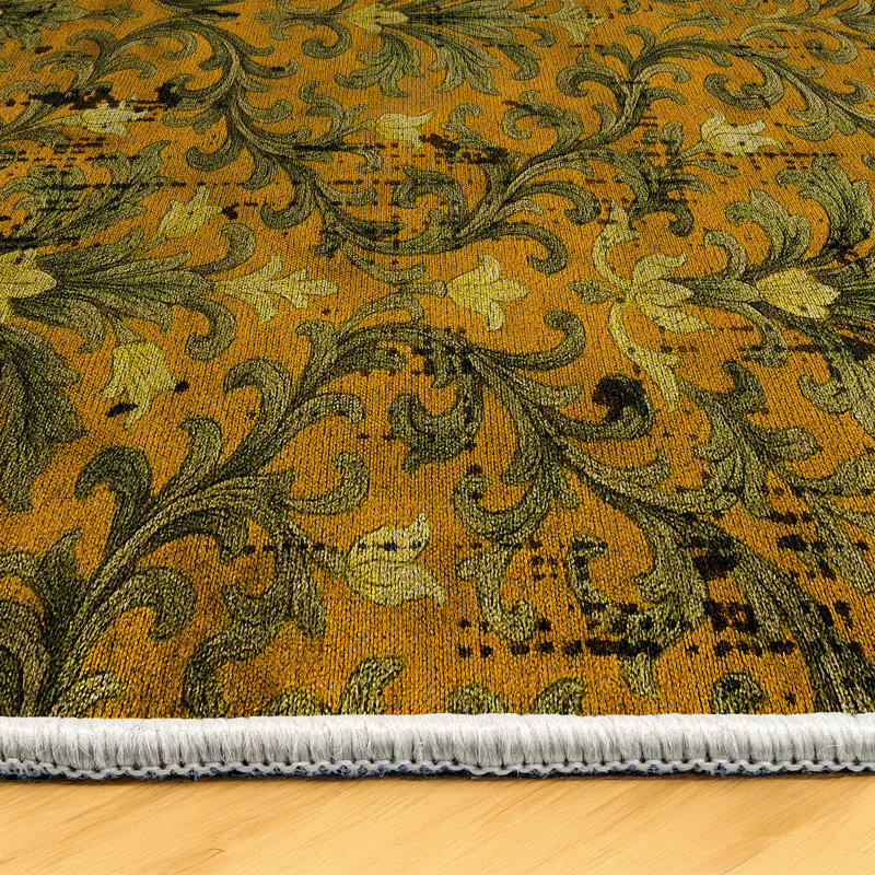 Colchique Collection Digital Print Cotton-Polyester Green Yellow Floral Rug, Runner 3'4" x 9'11"