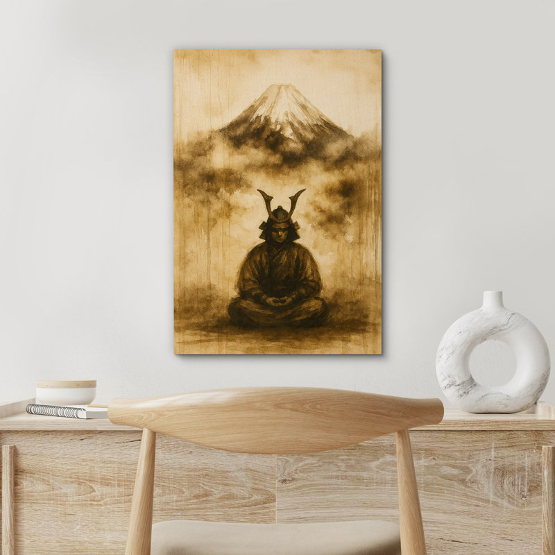 «Samurai Meditating with Mount Fuji Vintage Art», reproduction d'art sur toile encadrée, H 36 po x l 24 po x P 1,5 po