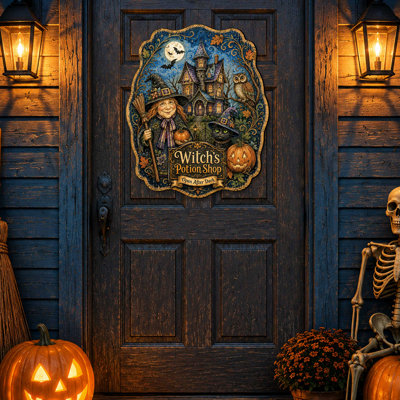 Décoration de porte en bois pour l'Halloween « Boutique de potions de sorcière » par G. Debrekht