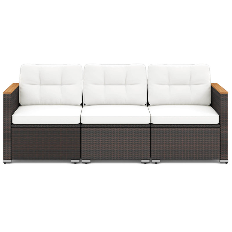 Canapé 3 places en PE en rotin et osier avec assise profonde et coussin pour la véranda, Coussin blanc / cadre brun