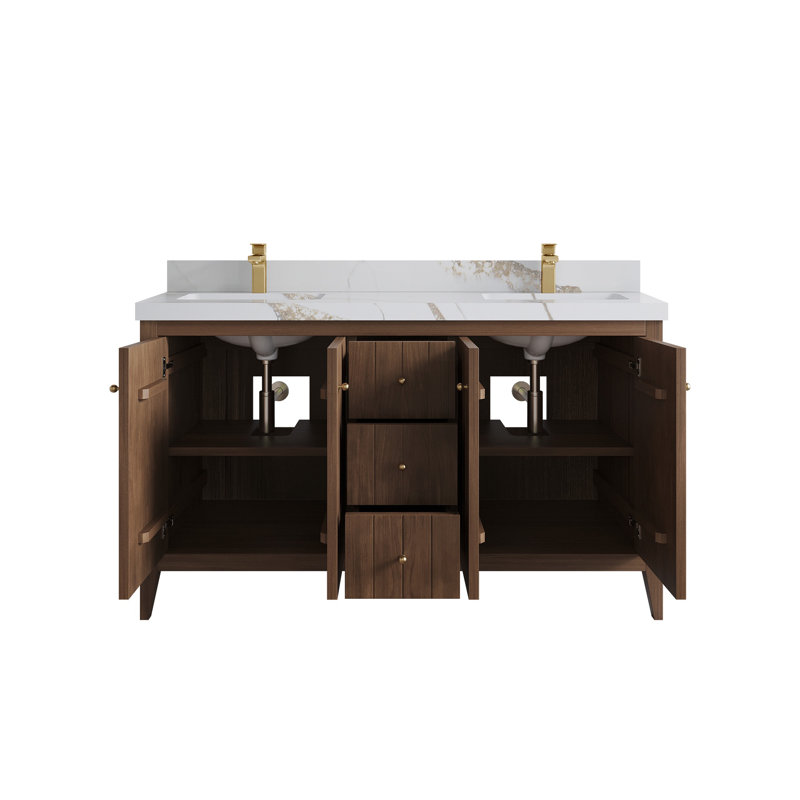 Atlanta Teak Double Bathroom Vanity with Calacatta Gold Top