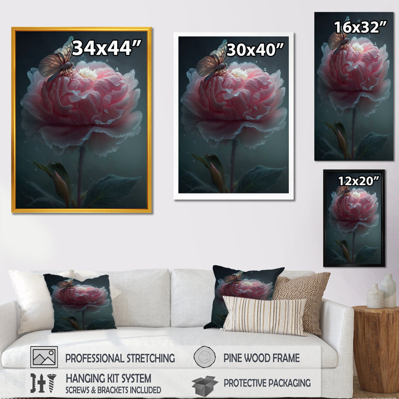 Fleur rose avec papillons en fleurs - impression, H 20 po x l 12 po x P 1 po, Cadre flottant noir