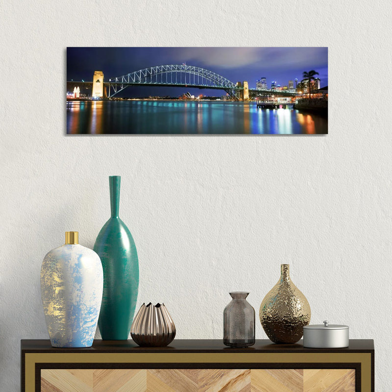 Sydney Harbour Bridge With The Sydney Opera House In The Background, Sydney Harbor - Wrapped Canvas Panoramic Print