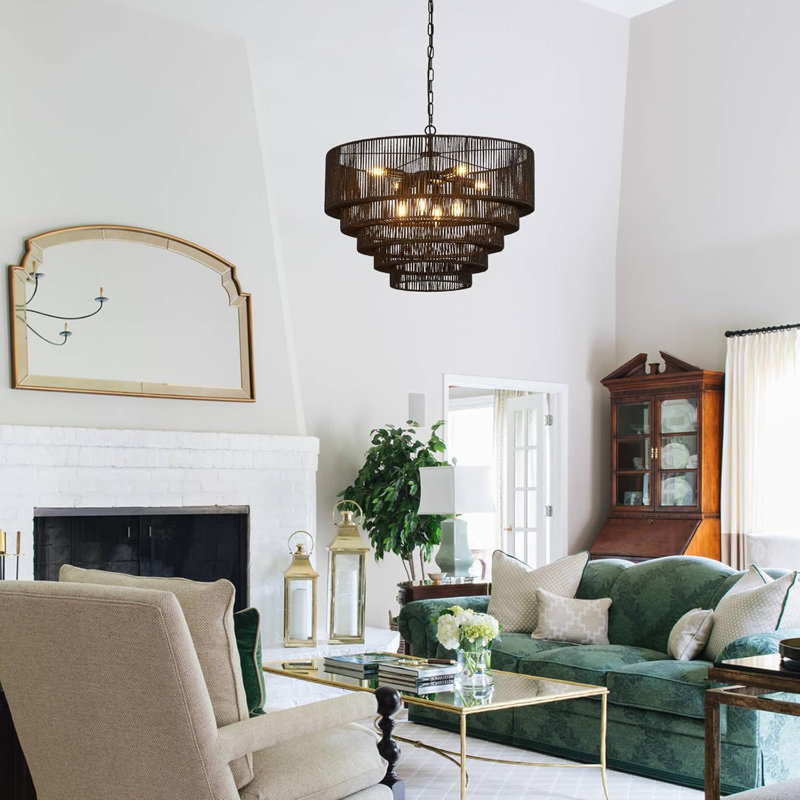 Vintage Rattan Chandelier With 8-Lights, Hand-Woven Bamboo Drum Design, Farmhouse Boho Style Light Fixture For Dining Room, Kitchen Island, Living Room