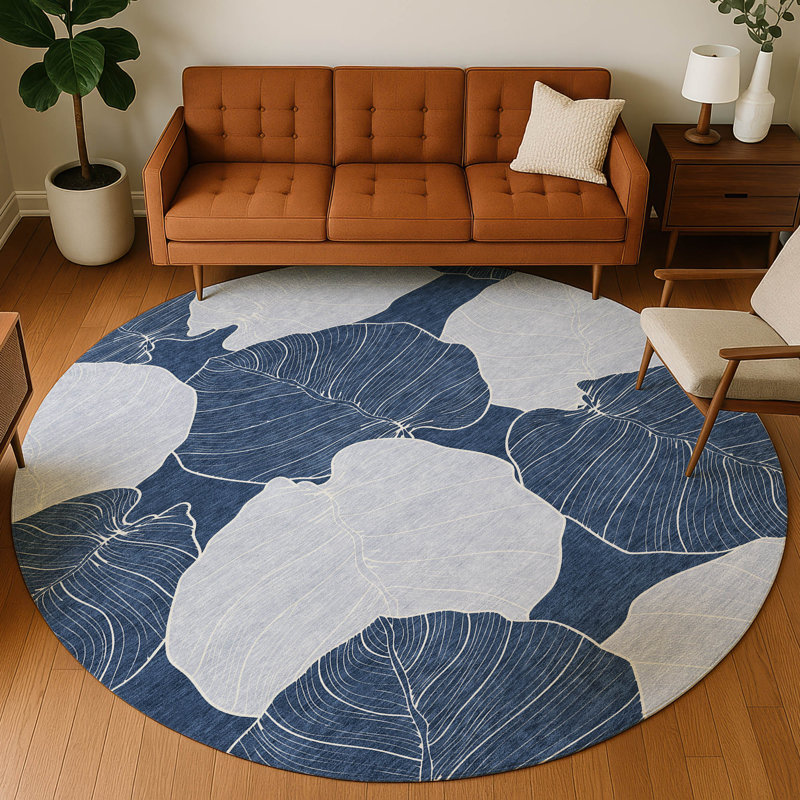 Machine Washable Indoor/Outdoor Chantille ACN2506 Floral Rug, Round 8', Navy