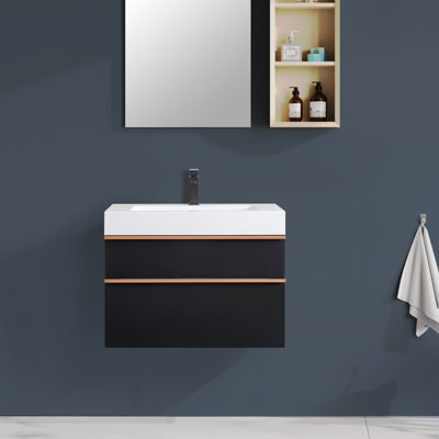30 In. Wall Mounted Black Bath Vanity With White Integrated Acrylic Top And Sink Unassembled