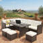 Ensemble repas extérieur, 7 ou 9 places, coussins beiges, poufs et table rectangulaire pour réceptions en terrasse, 9 modules pour rassemblements