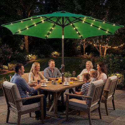 Parasol de table solaire 10 pi avec lumières, parasol de table d'extérieur | 32 DEL, 8 nervures en fer robustes, manivelle et inclinaison à bouton-poussoir, sans base, pour piscine de jardin
"