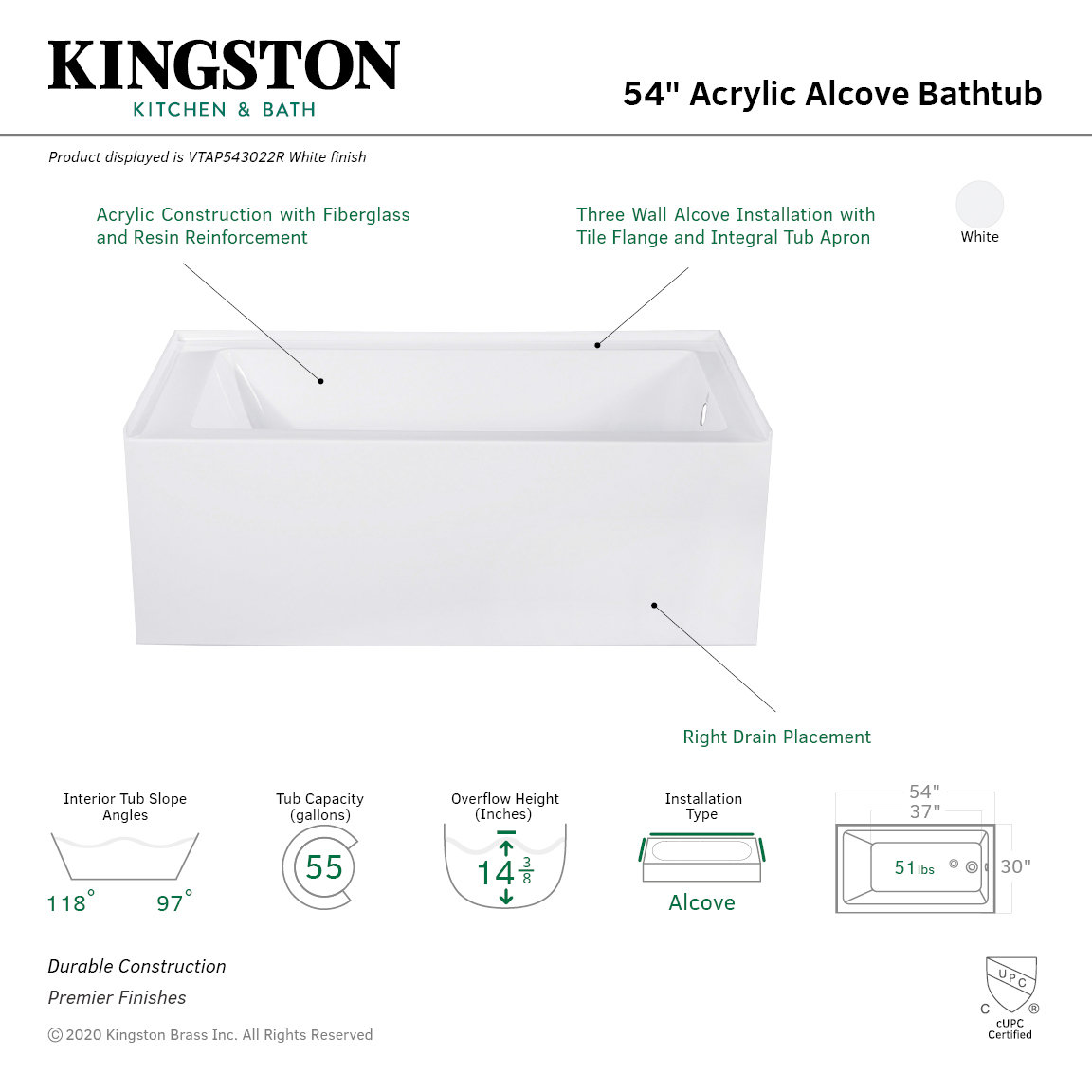 Kingston Brass Aqua Eden 54-Inch Acrylic Rectangular 3-Wall Alcove Tub, Right