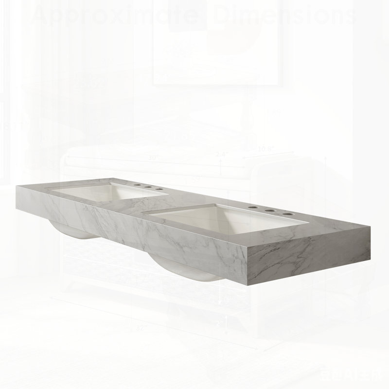 Durable Vein Sintered Stone Top with 2 Undermount Ceramic Basins, Pre-drilled Faucet Holes, No Cabinet, Ideal for Modern Bathrooms