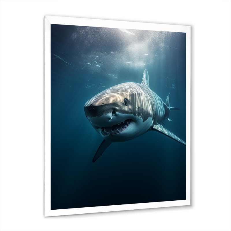 Blue Shark Apex Predator Photo I - Shark Wall Decor 119842, H 32 po x l 24 po x P 1 po, Cadre simple blanc